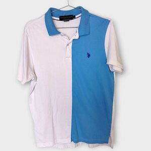 US Polo Assn Tee Sz‎ M White Sky Blue Colorblock Cotton Short Sleeve Sportswear